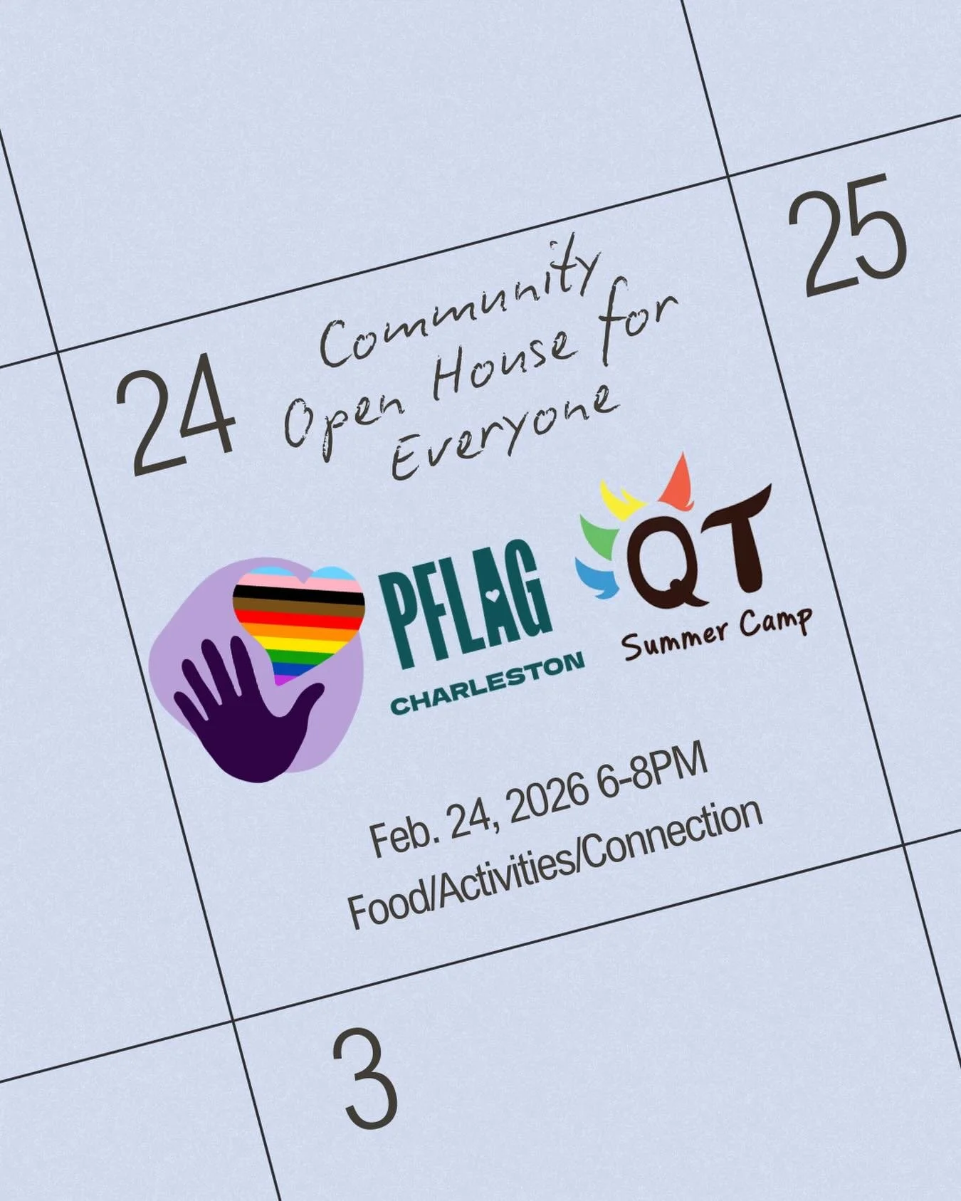 February is full of love and connection 💞
Join us along with @pflagcharlestonsc and @qtsummercamp for our Open House on February 24th from 6&ndash;8 PM at the Community Center!
All are welcome, so bring a friend, a parent, or a sibling and enjoy foo