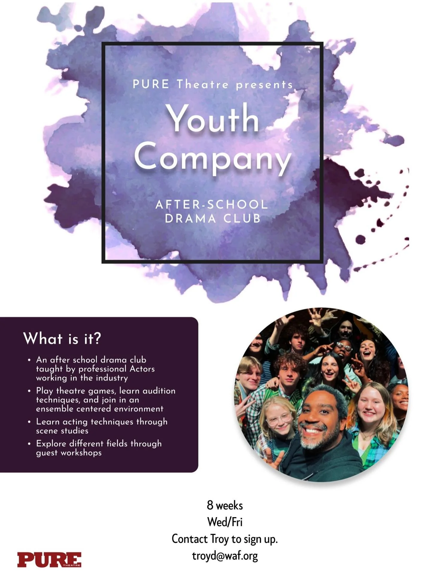 🎭 Pure Theater Is Back! 🎭

We&rsquo;re excited to announce that our most popular workshop, Pure Theater, is starting again on March 4th!
Join us every Wednesday and Friday from 5:00&ndash;6:30 PM for an 8-week program filled with creativity, confid