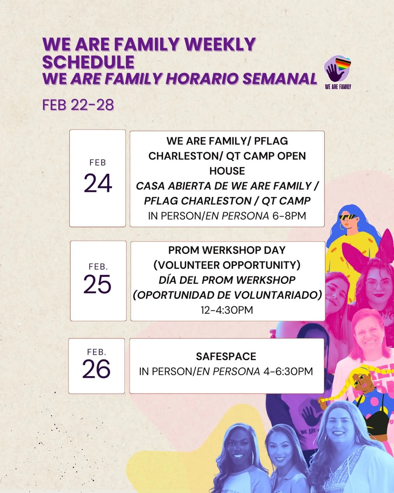 Busy week incoming 👀✨

💜 Open House
💜 Prom WERKshop Day
💜 SafeSpace

Come hang out with us Feb 22&ndash;28 &mdash; in person &amp; full of good vibes.
&mdash;
Se viene una semana ocupada 👀✨

💜 Casa Abierta
💜 D&iacute;a de Prom WERKshop
💜 Safe