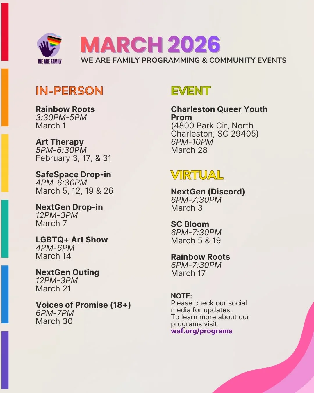 March is packed with community, creativity, and connection! 🏳️&zwj;🌈 
Check out what&rsquo;s happening at We Are Family this month. From art shows and PROM to virtual hangouts, there is a space for everyone. 
__________ 
&iexcl;Marzo viene cargado 