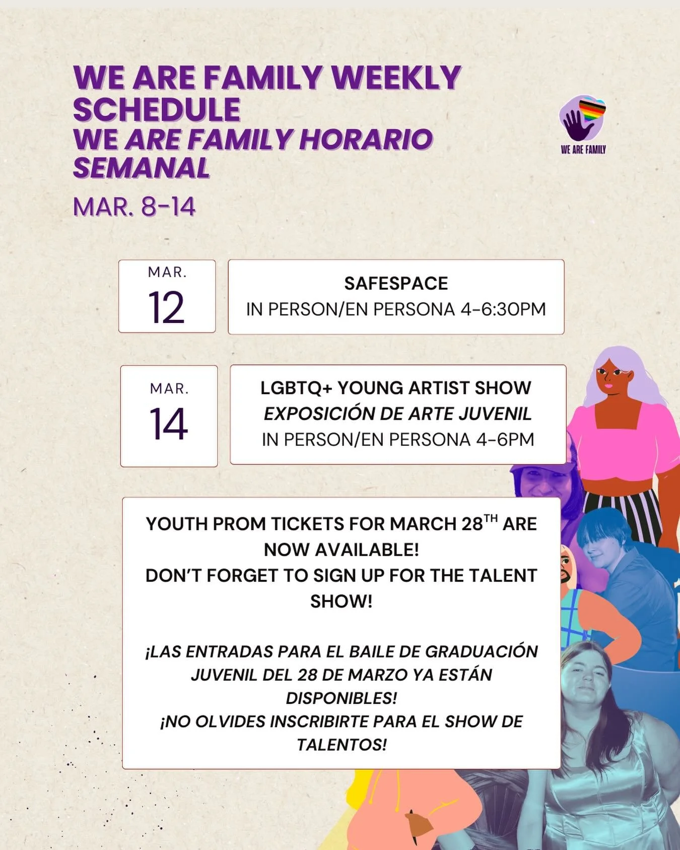 Your WAF week at a glance 👀 
🛡 SafeSpace &ndash; Mar. 12 
🎨 Young Artist Show &ndash; Mar. 14 
💃 Youth Prom tickets now available 
🤩 Talent Show sign-ups open! 

See you soon 💜
__
Aqu&iacute; tienes tu semana en WAF de un vistazo 👀

🛡 SafeSpa
