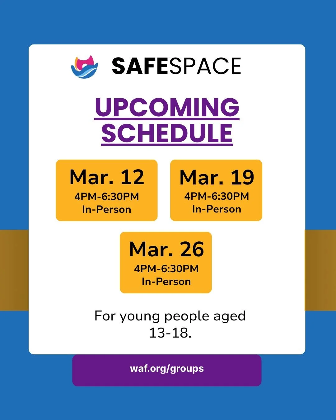 SafeSpace is a place to be yourself. 💜

Join us this March for connection, support, and community with other LGBTQ+ youth.

🛡 Mar. 12
🛡 Mar. 19
🛡 Mar. 26
⏰ 4&ndash;6:30 PM

For young people ages 13&ndash;18.
__
SafeSpace es un espacio para ser t&