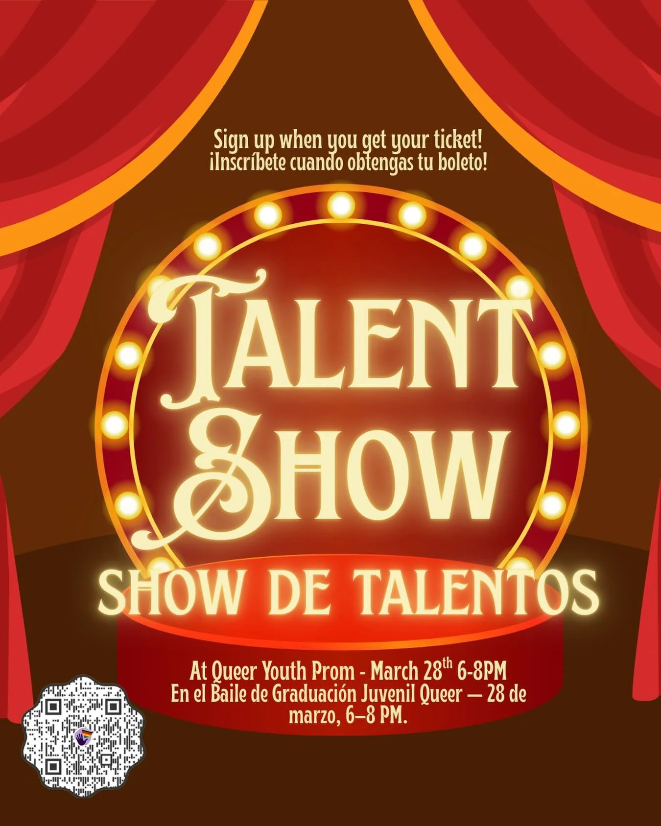 ✨ The spotlight is calling ✨

Talent Show at Queer Youth Prom 
Sign up when you grab your ticket and show us what you&rsquo;ve got.

🗓 March 28 | 6&ndash;8 PM
&mdash;
✨ &iexcl;El escenario te llama! ✨

Show de talentos en el Baile Juvenil Queer 
Ins