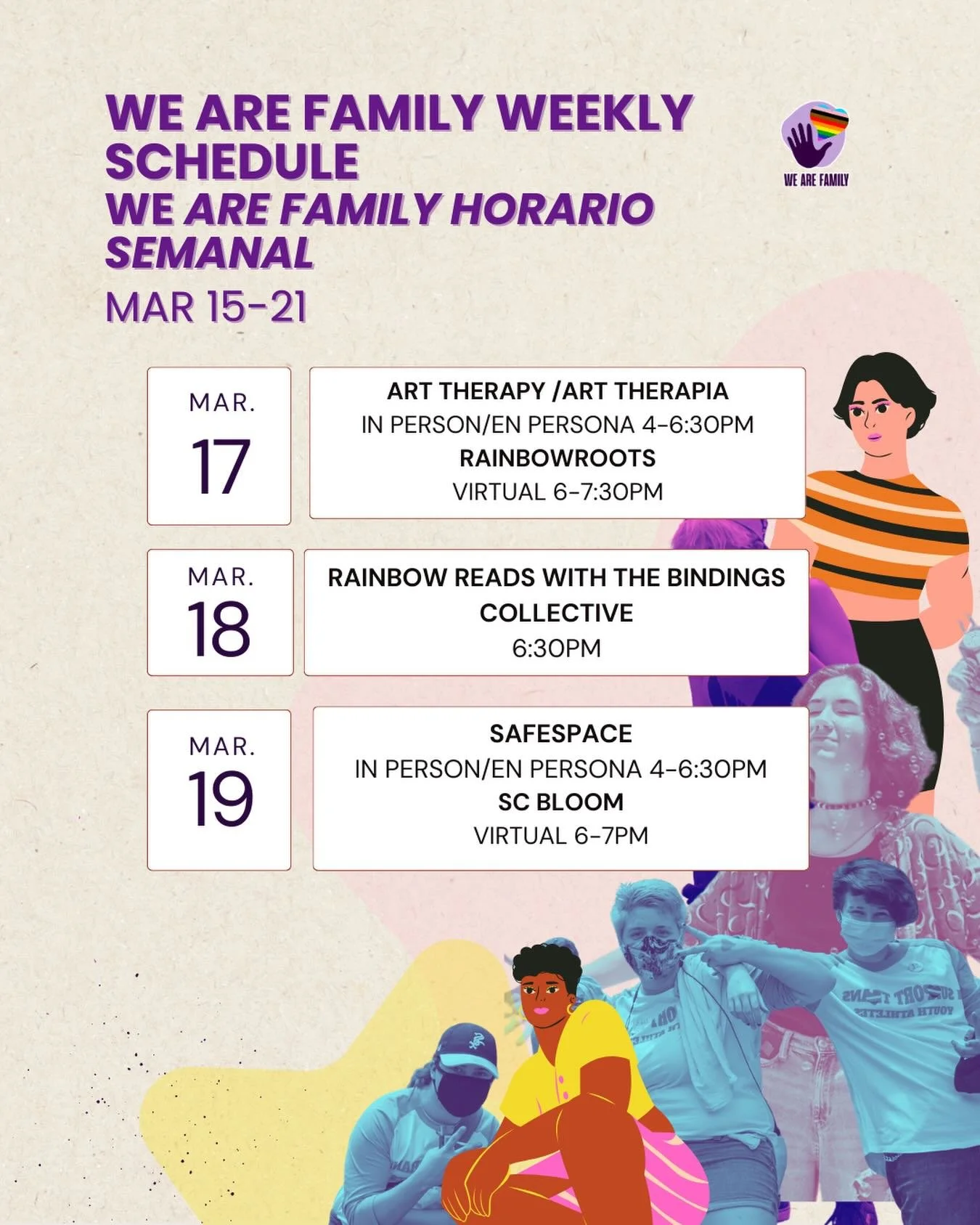 Here&rsquo;s what&rsquo;s happening at We Are Family this week! 🌈

Join us for art, books, and community with programs designed for LGBTQ+ youth.

🎨 Art Therapy &ndash; Mar 17
📚 Rainbow Reads with The Bindings Collective &ndash; Mar 18 (18+)
🛟 Sa