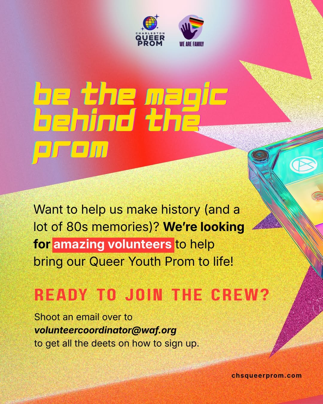 📼 WE NEED YOUR MAGIC! ✨
Calling all community heroes! 🌈 We&rsquo;re looking for high-energy volunteers to help us pull off the most iconic, Totally 80s Queer Youth Prom ever. 🕺✨

From setting the scene to making sure the vibes are 10/10, your time