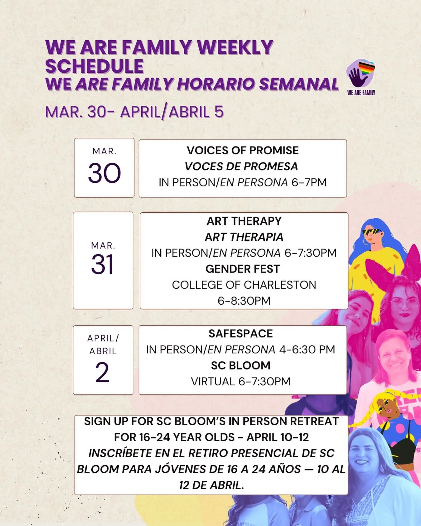 🌈 Weekly Schedule at We Are Family (Mar 30 &ndash; Apr 5)

Join us this week for programs created for LGBTQ+ youth and young adults:

✨ Voices of Promise &ndash; March 30 | 6&ndash;7 PM (In person)
🎨 Art Therapy &ndash; March 31 | 6&ndash;7:30 PM (