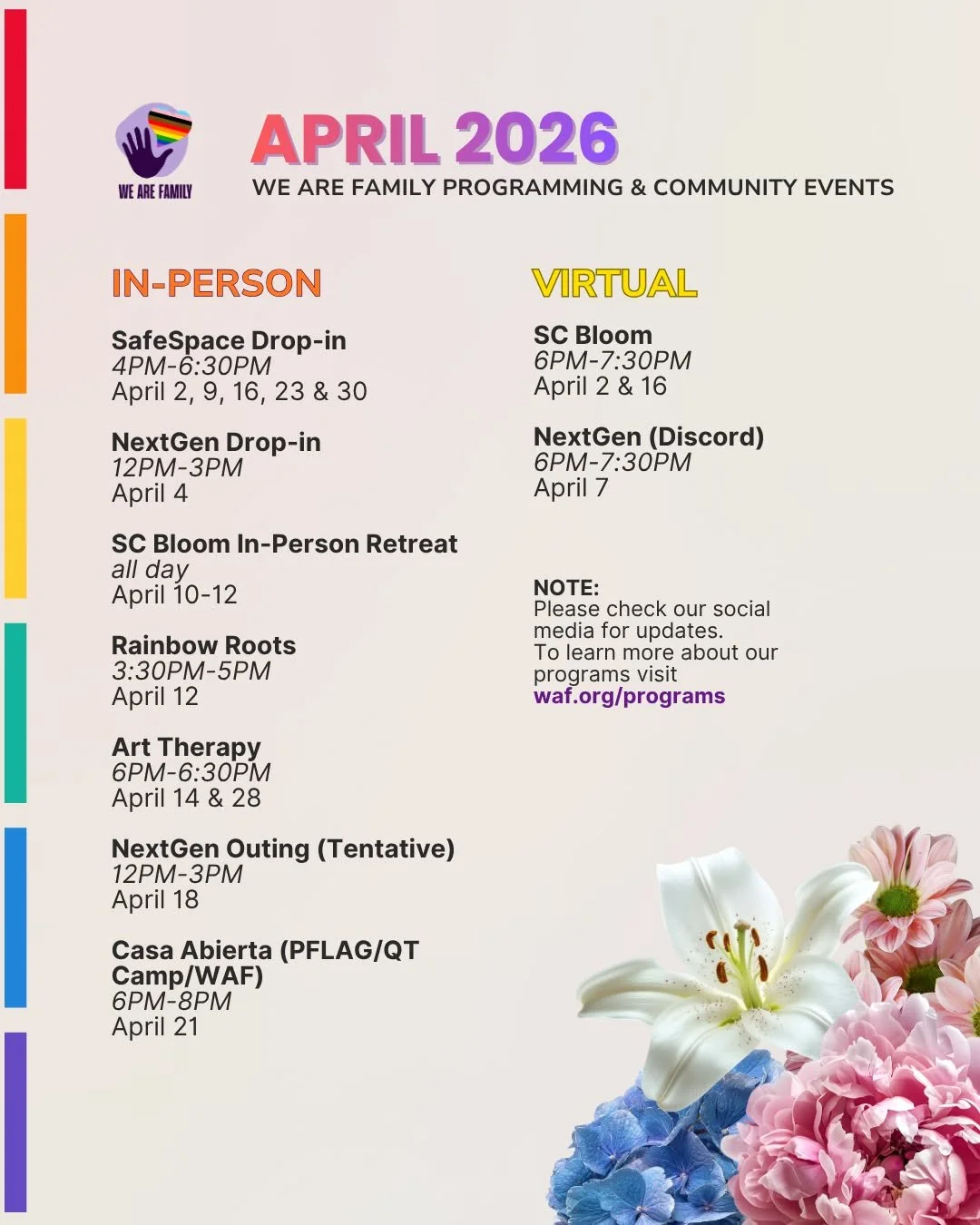 April is HERE and we&rsquo;ve got something for everyone 🌸✨

From SafeSpace drop-ins to art therapy, retreats, and virtual hangouts &mdash; this month is all about connection, creativity, and community 💖

Whether you&rsquo;re showing up in person o