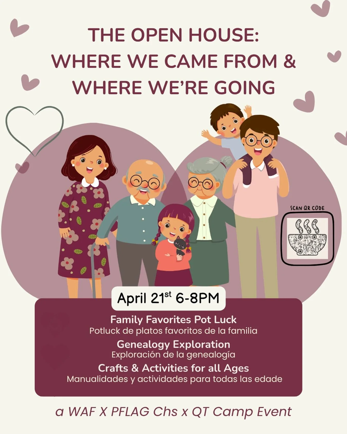 Join us for an evening of connection, community, and shared stories 💜
April 21st | 6&ndash;8 PM
Bring a favorite family dish (or just yourself!) 🌈
👉 Sign up for the potluck using the QR code
👉https://www.perfectpotluck.com/JIPI0798
Let&rsquo;s ce