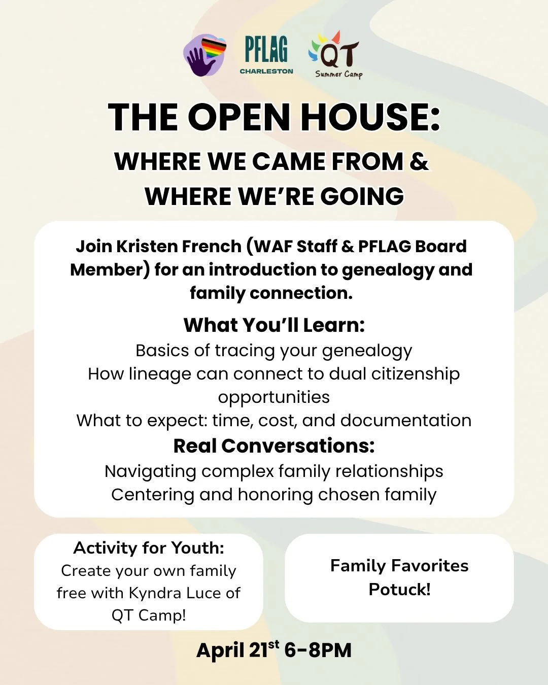 Did you know your ancestry could open doors to dual citizenship? 🌍

Join Kristen French (WAF &amp; PFLAG) to learn the basics of genealogy, how to trace your lineage, and what it could mean for your future. We&rsquo;ll also talk about navigating fam