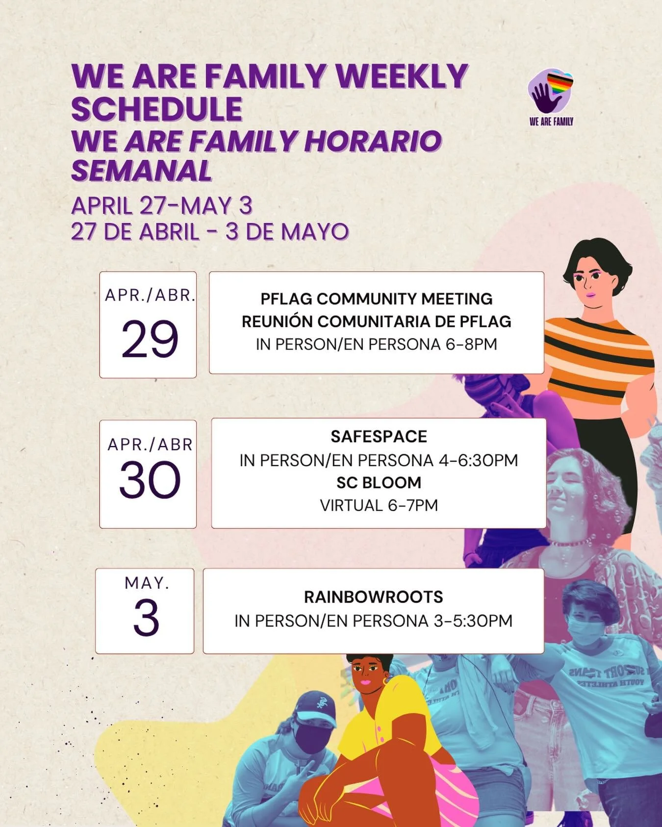 Your week, your community 💜
Join us for connection, support, and spaces where you can just be you.
✨ PFLAG Community Meeting
✨ SafeSpace 
✨ SC Bloom
✨ RainbowRoots for parents and caregivers
There&rsquo;s something for everyone this week! Come find 