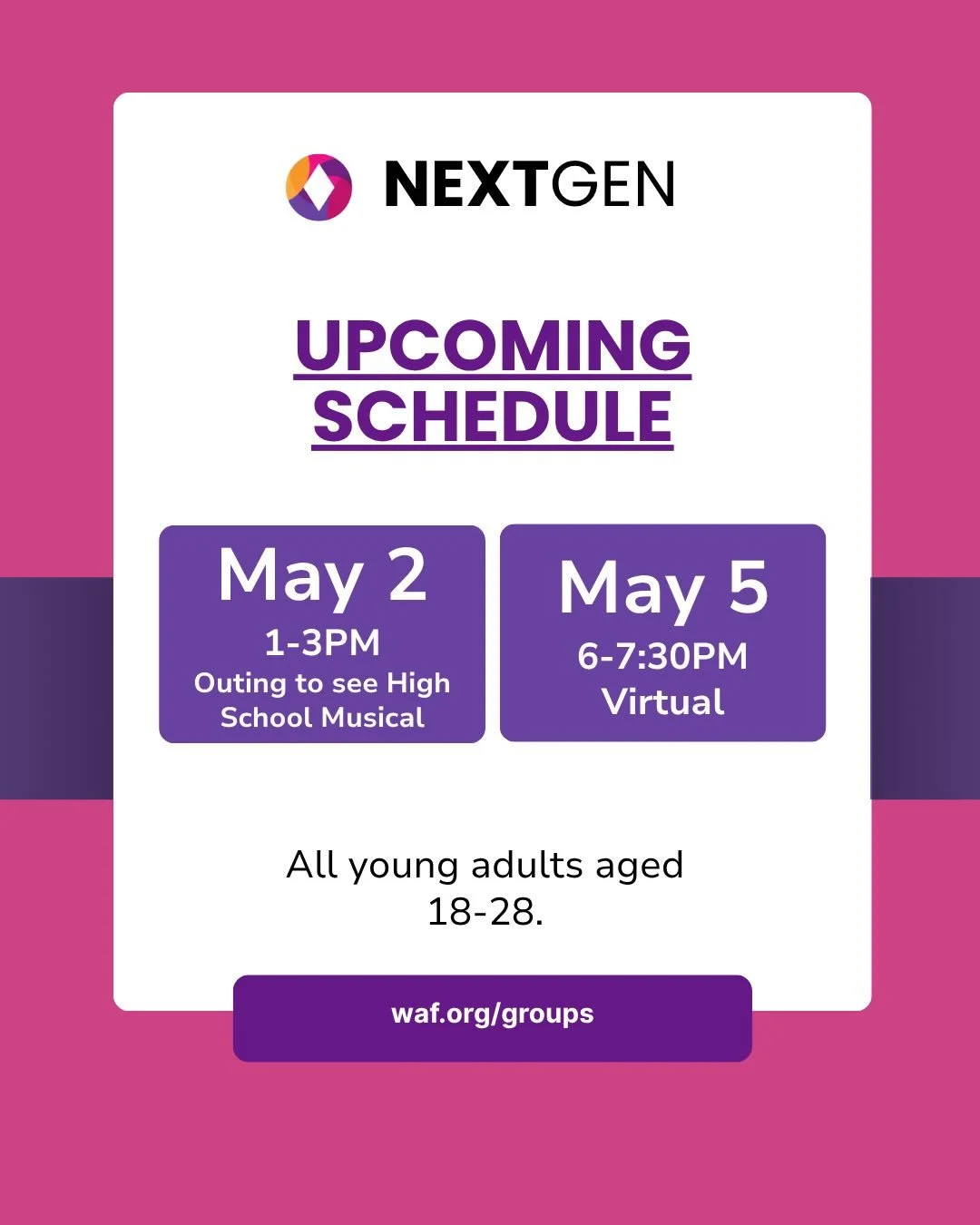 This week&rsquo;s plans = handled 💜
Join NextGen for connection, community, and fun!
🎭 May 2: Outing to see High School Musical
💻 May 5: Virtual hangout
Ages 18&ndash;28 &mdash; For the ones building futures they&rsquo;ve never seen.
__
Los planes
