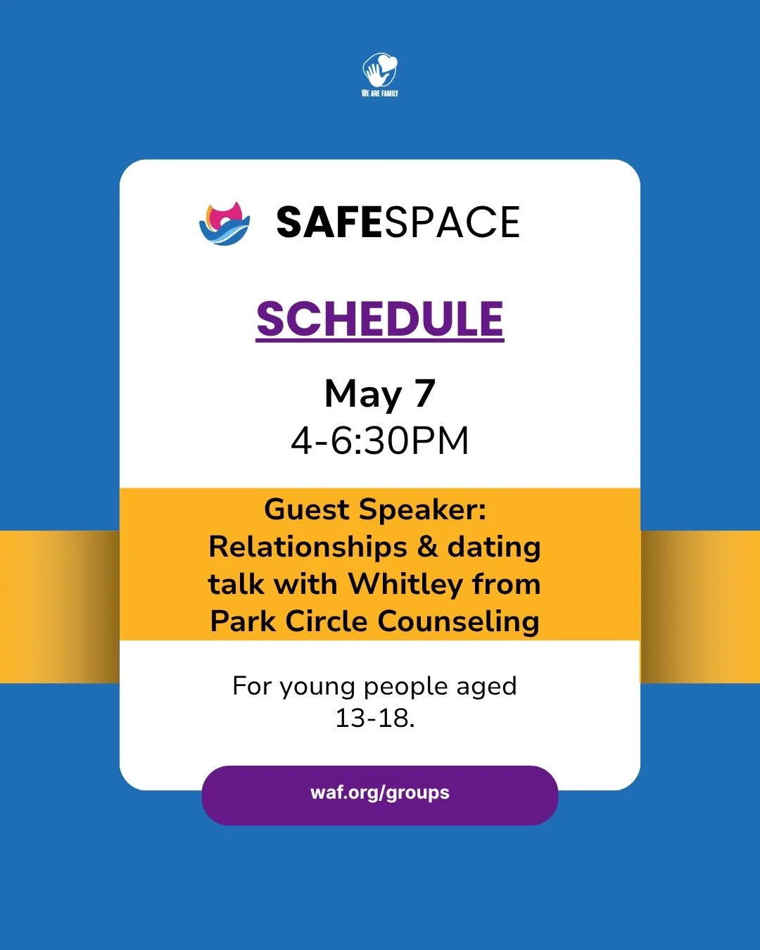 We&rsquo;re excited to welcome a special guest speaker at SafeSpace this week! 💫
Join us for an open conversation about relationships &amp; dating with Whitley from Park Circle Counseling.
🗓 May 7 | 4&ndash;6:30PM
Ages 13&ndash;18
__
&iexcl;Estamos