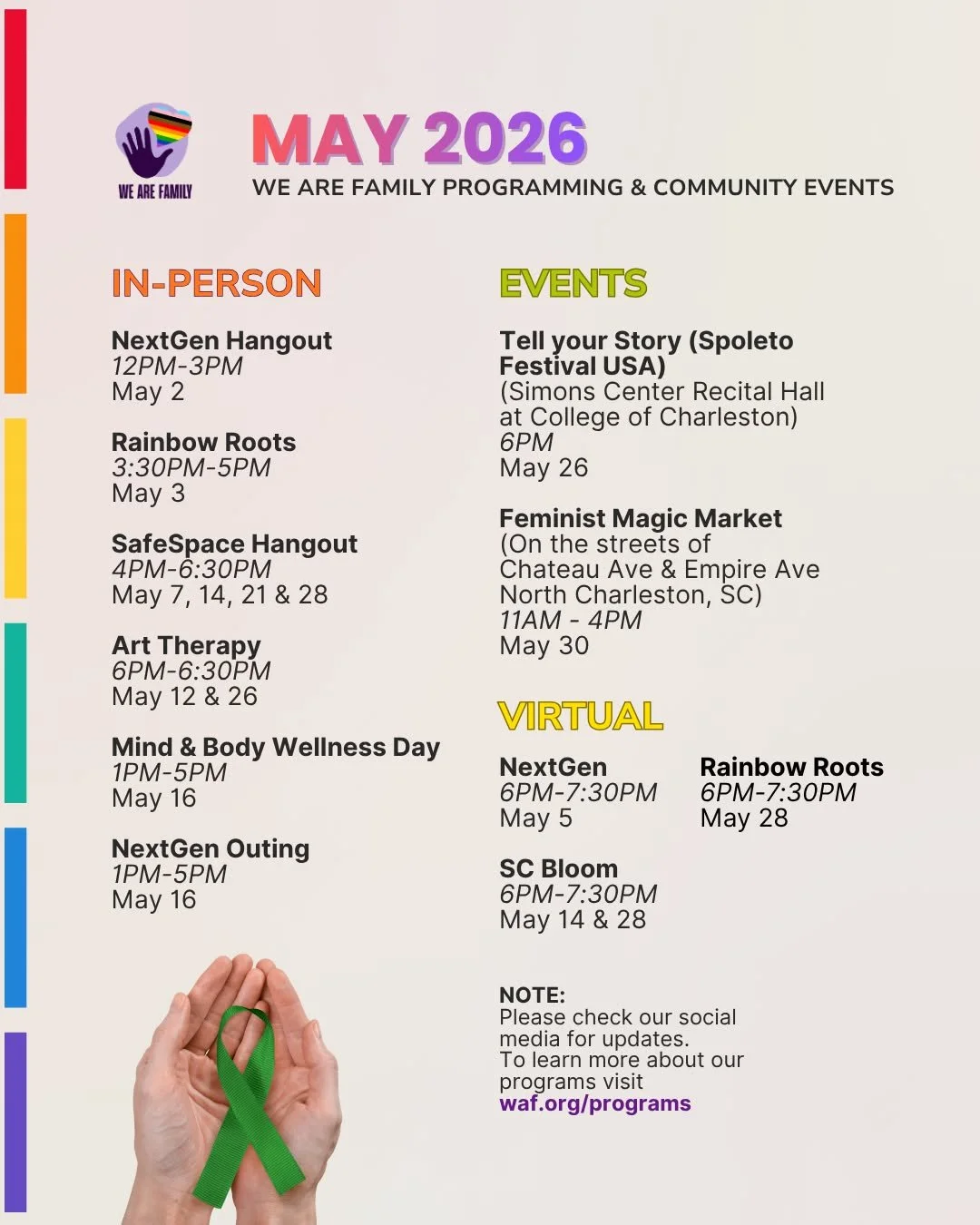 May is here and the calendar is packed with nothing but good vibes! ✨🌈

We&rsquo;ve got an incredible month lined up to hang out, share space, and keep growing together. Whether you&rsquo;re joining us for our in-person hangouts, hopping onto a virt