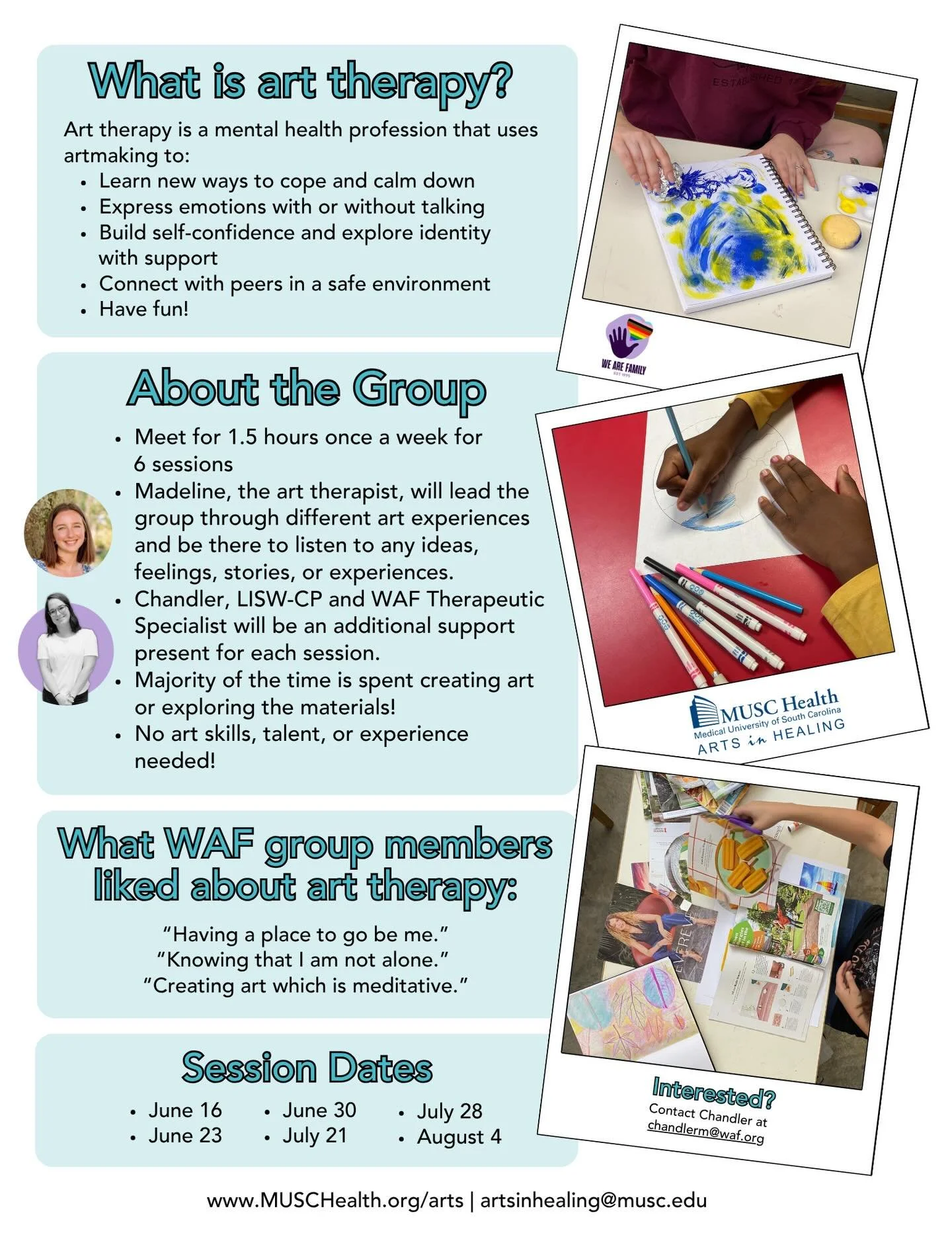 Our summer art therapy group is approaching!! 

Email chandlerm@waf.org if you&rsquo;re in middle school or high school and are interested in joining us this summer. Limited spots are available to reserve yours today!
&mdash;
&iexcl;Nuestro grupo de 