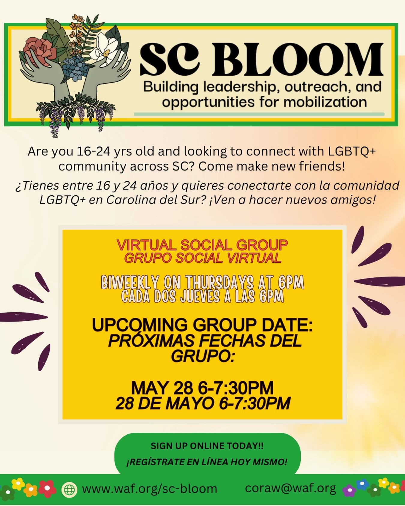 Need more queer community in your life? 💜
Join SC BLOOM&rsquo;s virtual social group to connect, laugh, and build friendships with LGBTQ+ young adults across South Carolina.
🗓 Thursday, May 28 | 6&ndash;7:30PM
___
&iquest;Necesitas m&aacute;s comun