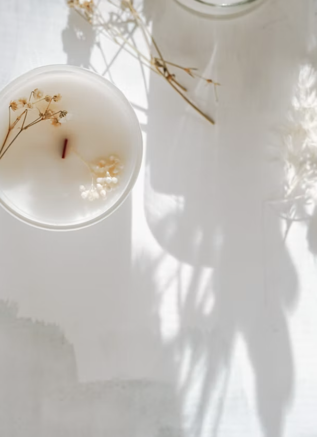 A white candle with dried flowers inside, placed on a white surface with glass vases and dried flowers casting shadows.