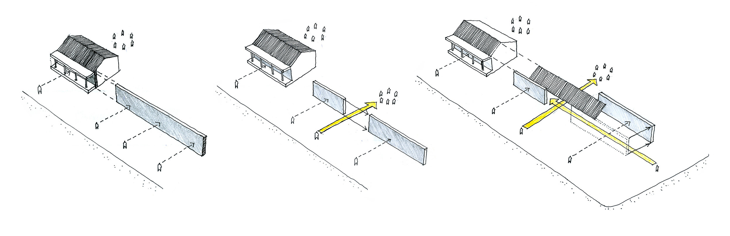 Concept diagram: the elements of a traditional porch are deconstructed and deployed on the site to resolve the programmatic needs.