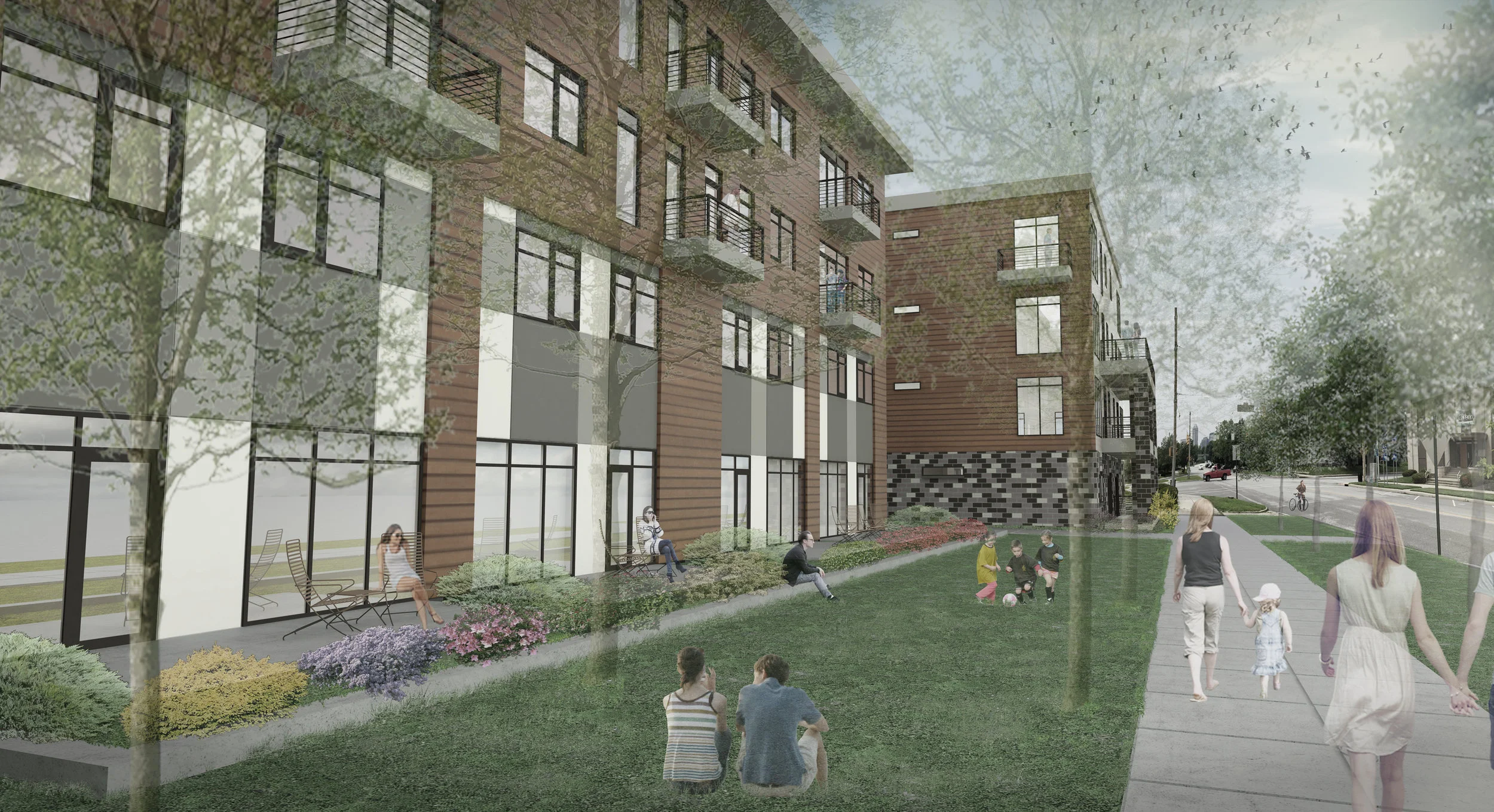 Primary facade activates pedestrian activity along the adjacent street.