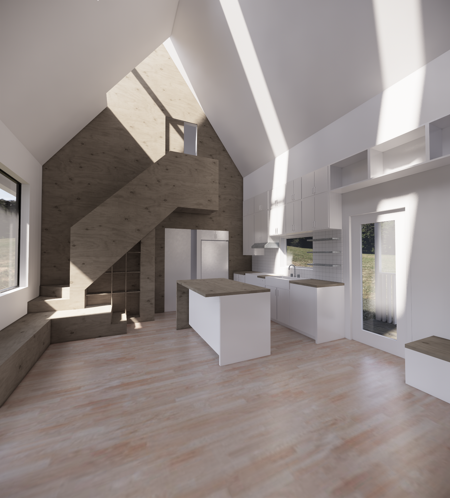 Wood staircase contains built in storage. Lower steps playfully extend to produce dining bench with storage within.