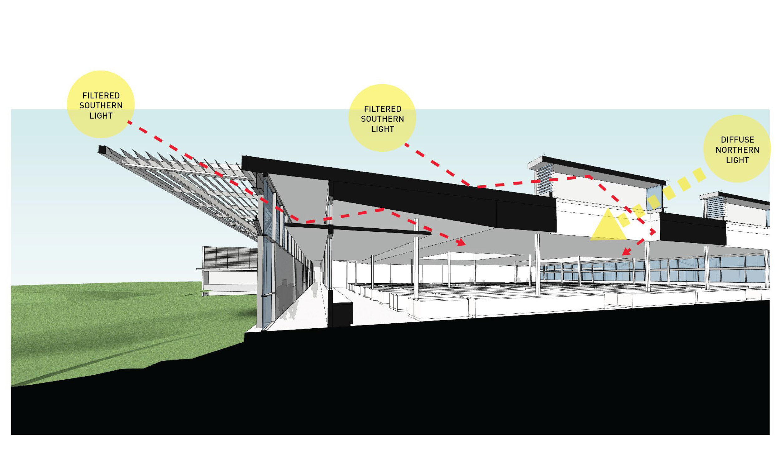 Building Section. Daylighting study performed to maximize quality of natural light within a large space, even for workers located far from any exterior walls..