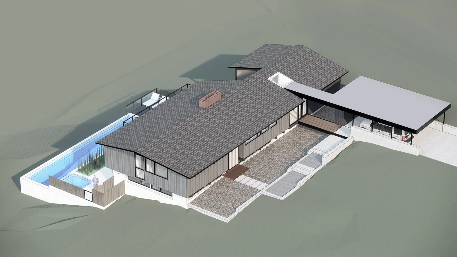 We are designing a new service wing, carport, and pool. The project will also include a renovation of the interior including new kitchen and reconfigured master suite.