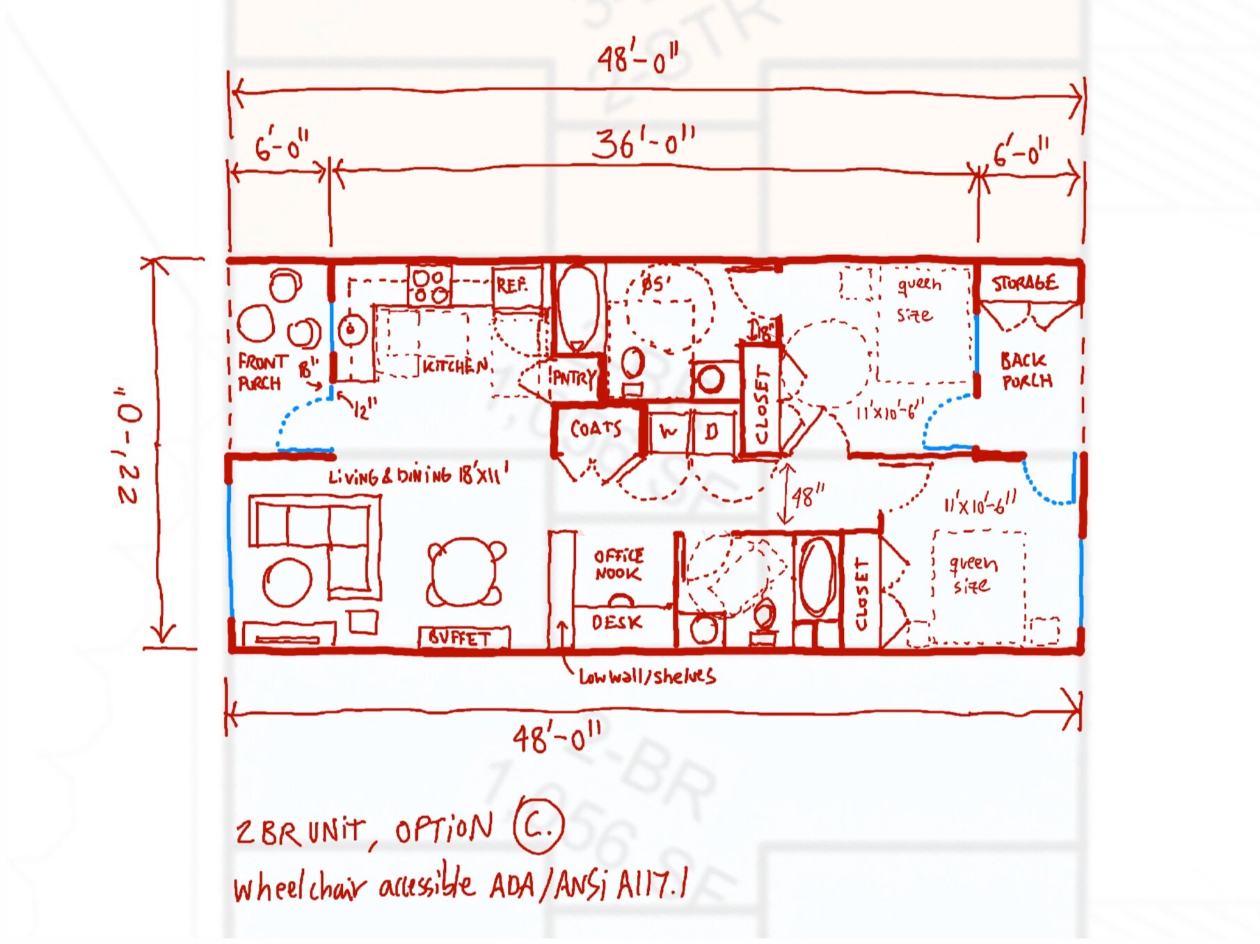 Efficient 2 bedroom townhouse plan. We are working on a townhouse development for Chatham County Habitat for Humanity.