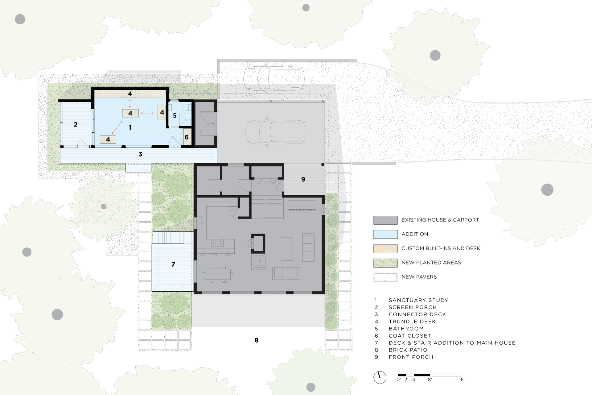  Floor plan of the study and second floor deck addition. Landscape design by  Casey Collins . 