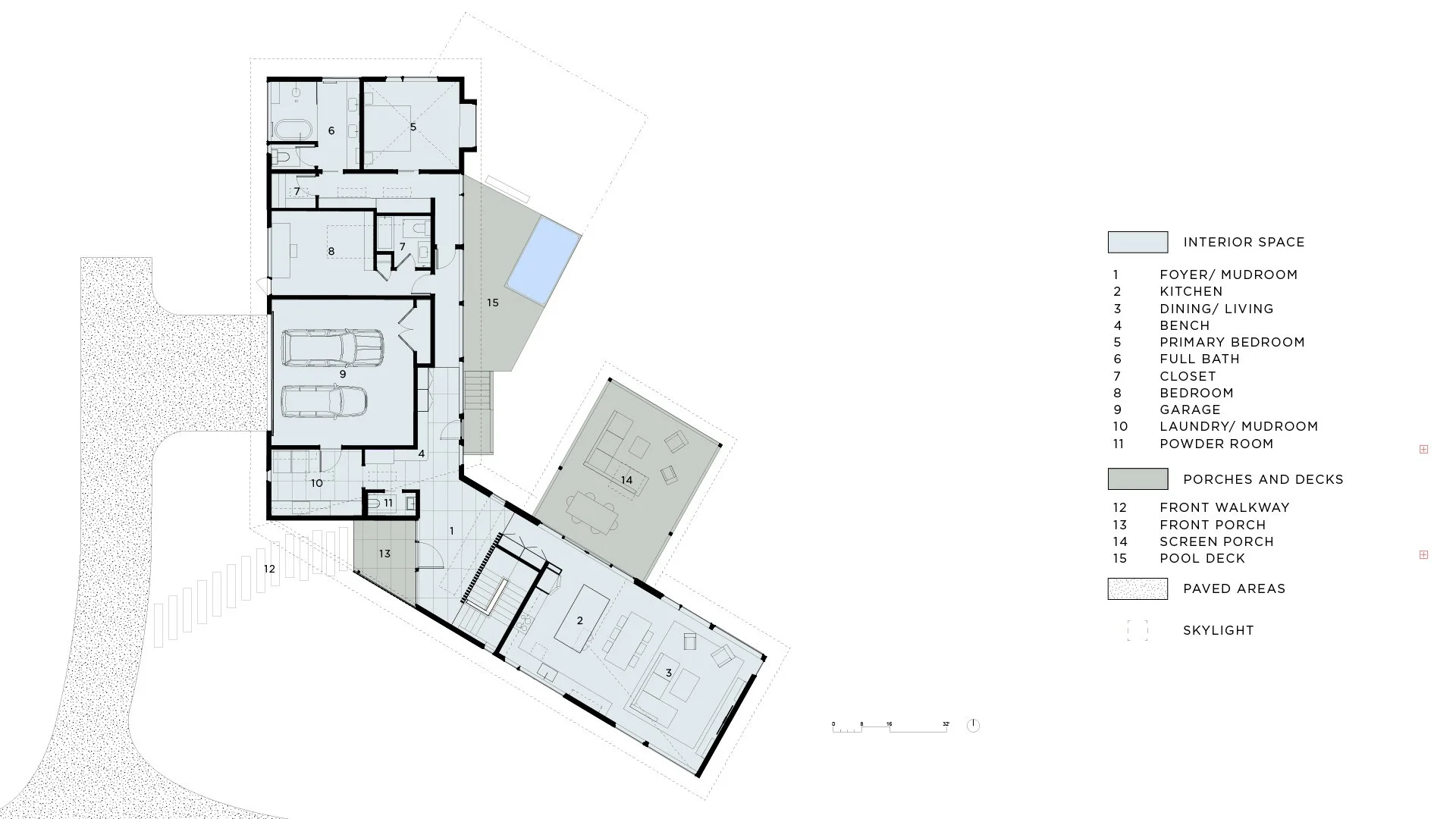 The 2400 square foot house on 1.5 levels contains a primary suite and guest suite on the upper level, along with open kitchen/dining/living, and a screened porch directly off the kitchen projecting into the woods.