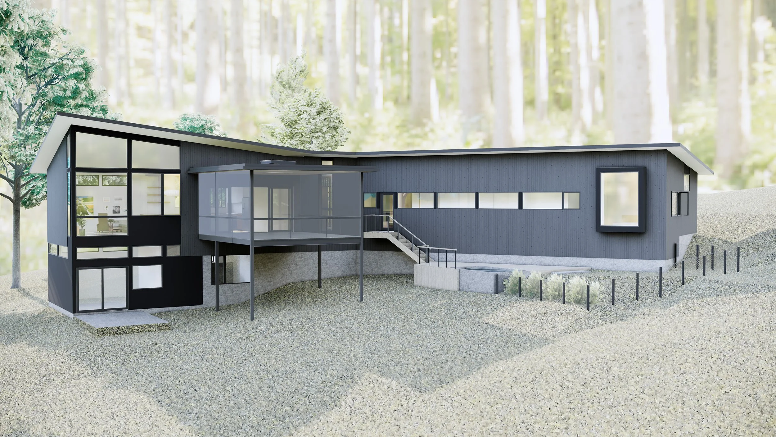 The back of the house opens up to capture and savor a private experience of the stunning forest surroundings.
