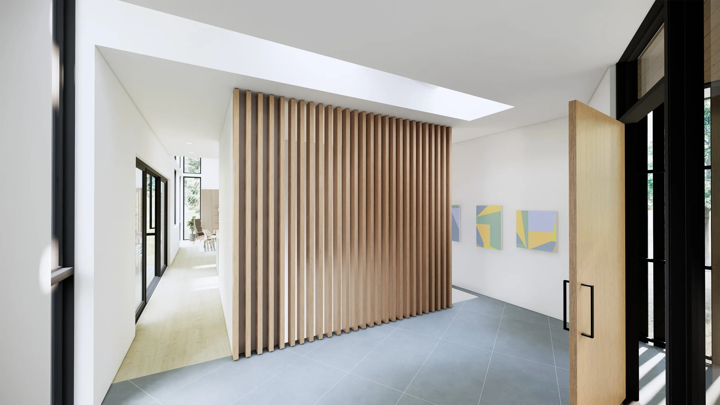 A timber screen wall is a focal point of the foyer.