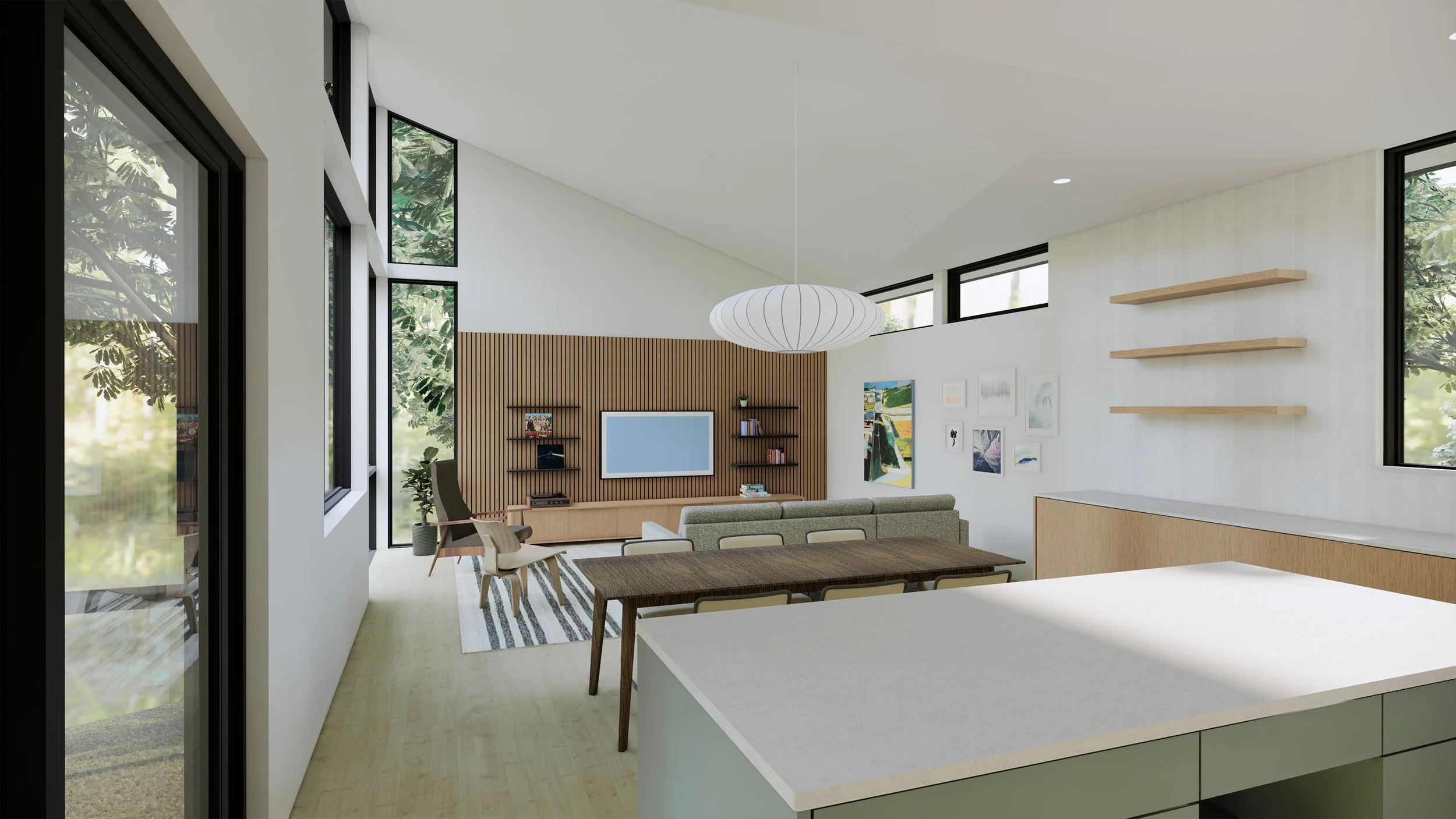 The sculpted ceiling plane reaches up to allow a dramatic forest view from the Great Room.