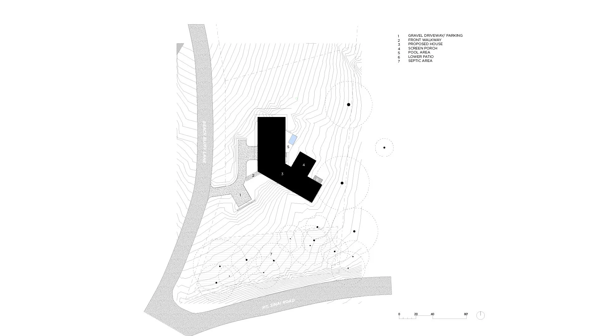 The house’s angled plan embraces a private forest view to the Northeast, and shields the house from the two roads to West and South.