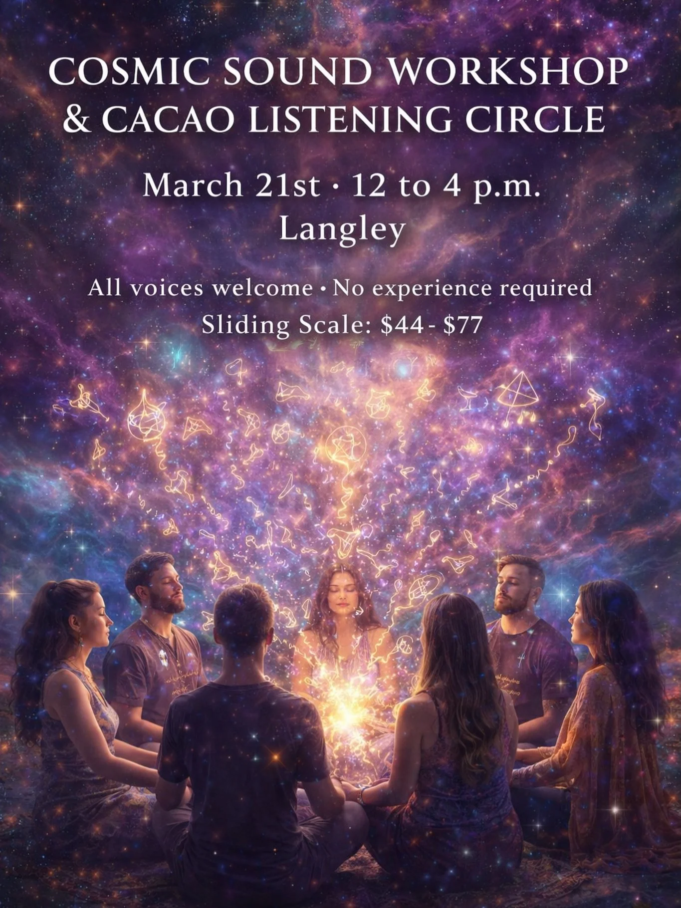 Spring Equinox Cacao Listening Circle &amp; Cosmic Sound Workshop 🌸✨

Saturday, March 21st, 2026
12:00 PM &ndash; 4:00 PM

I&rsquo;m so excited to be collaborating and co-creating with sister Khen at the Kosmic Temple 🕍💫

We invite you to join us 