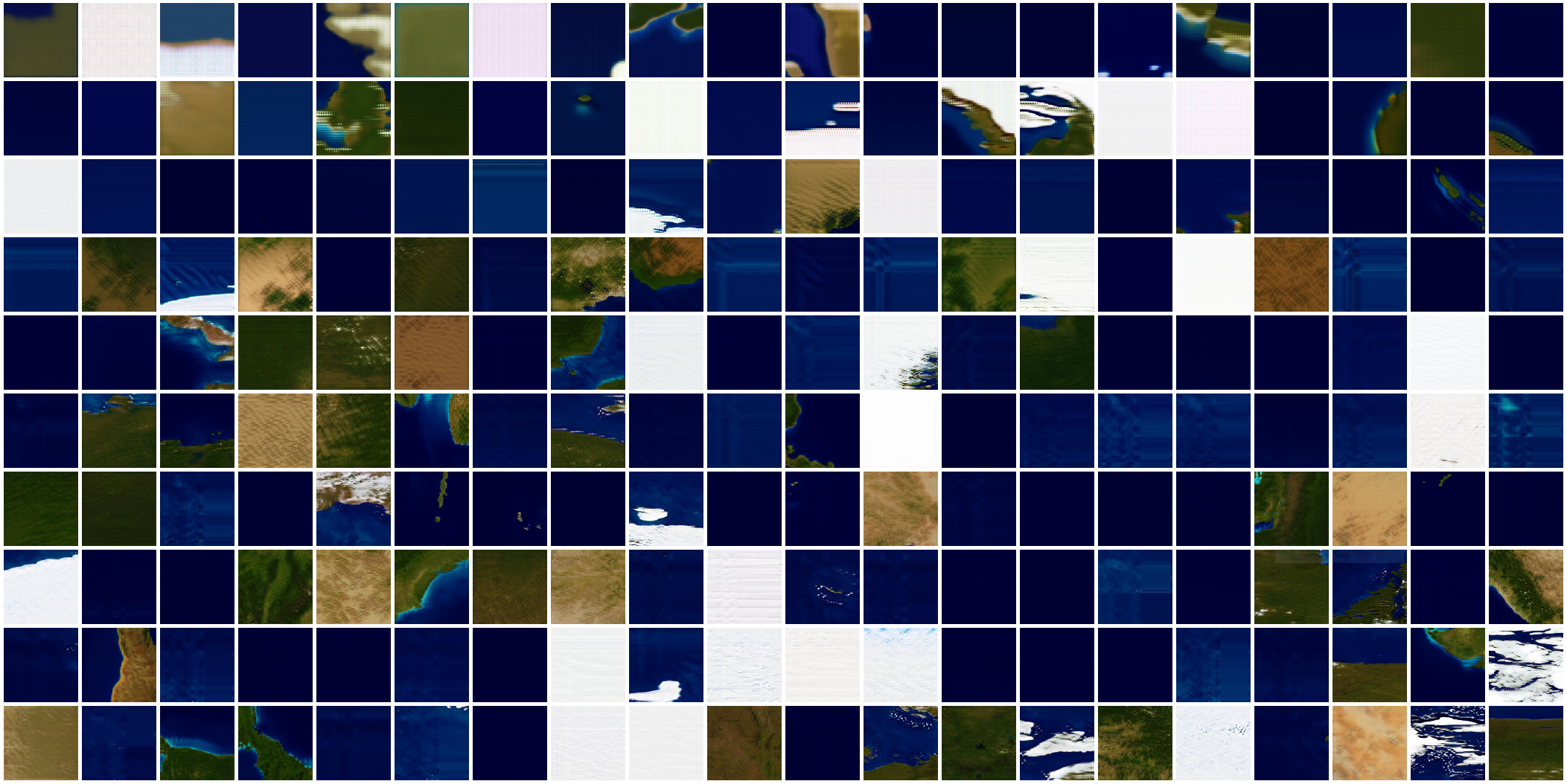  Sample results demonstrating the training process of  Terra Mars  generation 65, with each tile representing the quality of the generated images during one of the 200 epochs of training. In the beginning, the generated images didn't look like Earth 