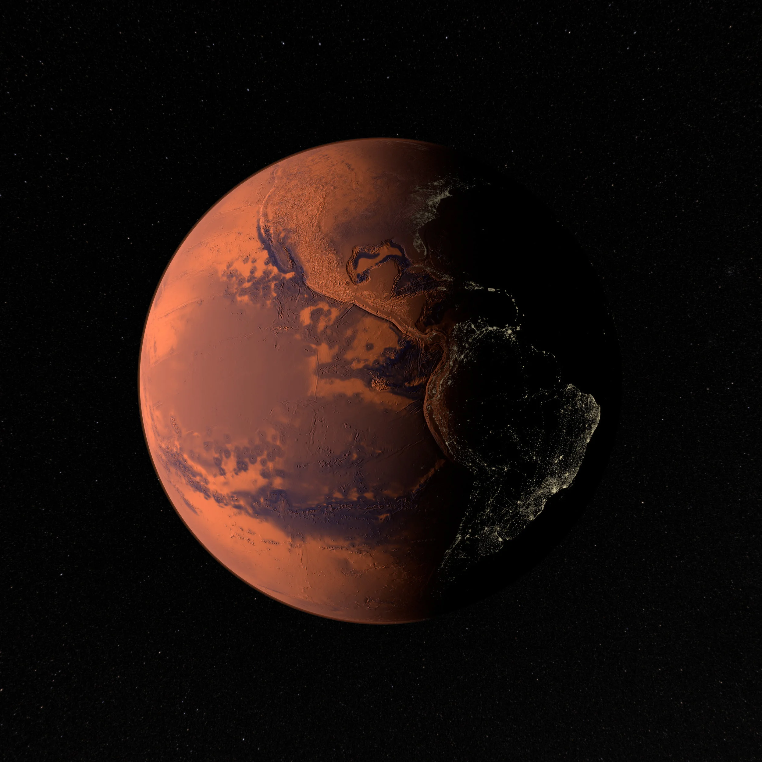 Western Hemisphere of Martian Earth Generation 2 2019. With night lights of Earth as of 2016.