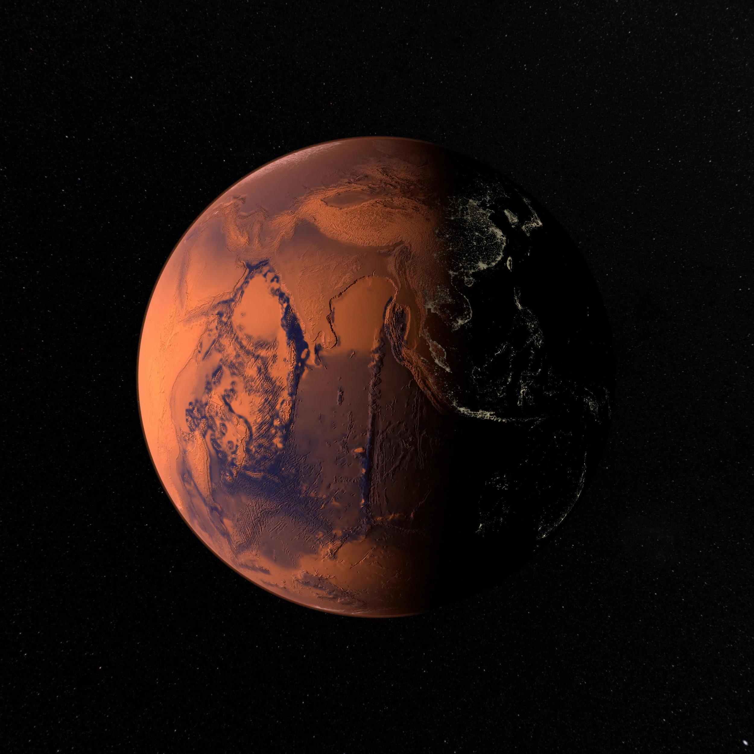 Eastern Hemisphere of Martian Earth Generation 2 2019. With night lights of Earth as of 2016.