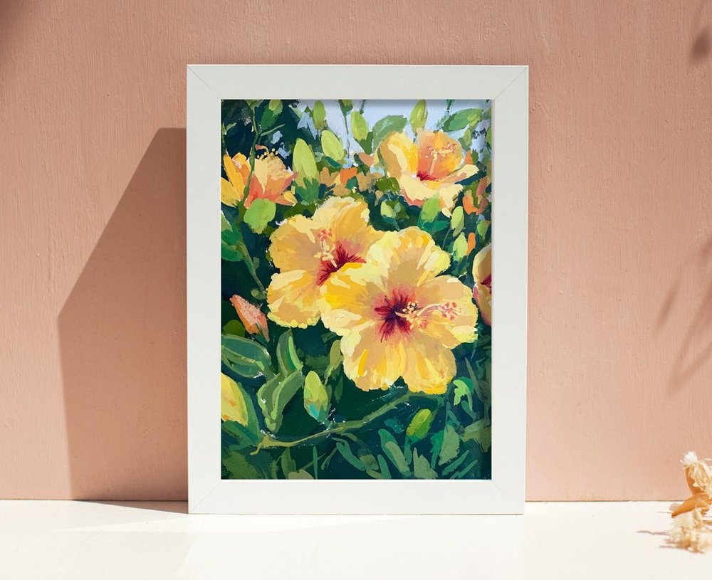 Toile d'hibiscus peinte à la main - Fleurs tropicales 8 x 8