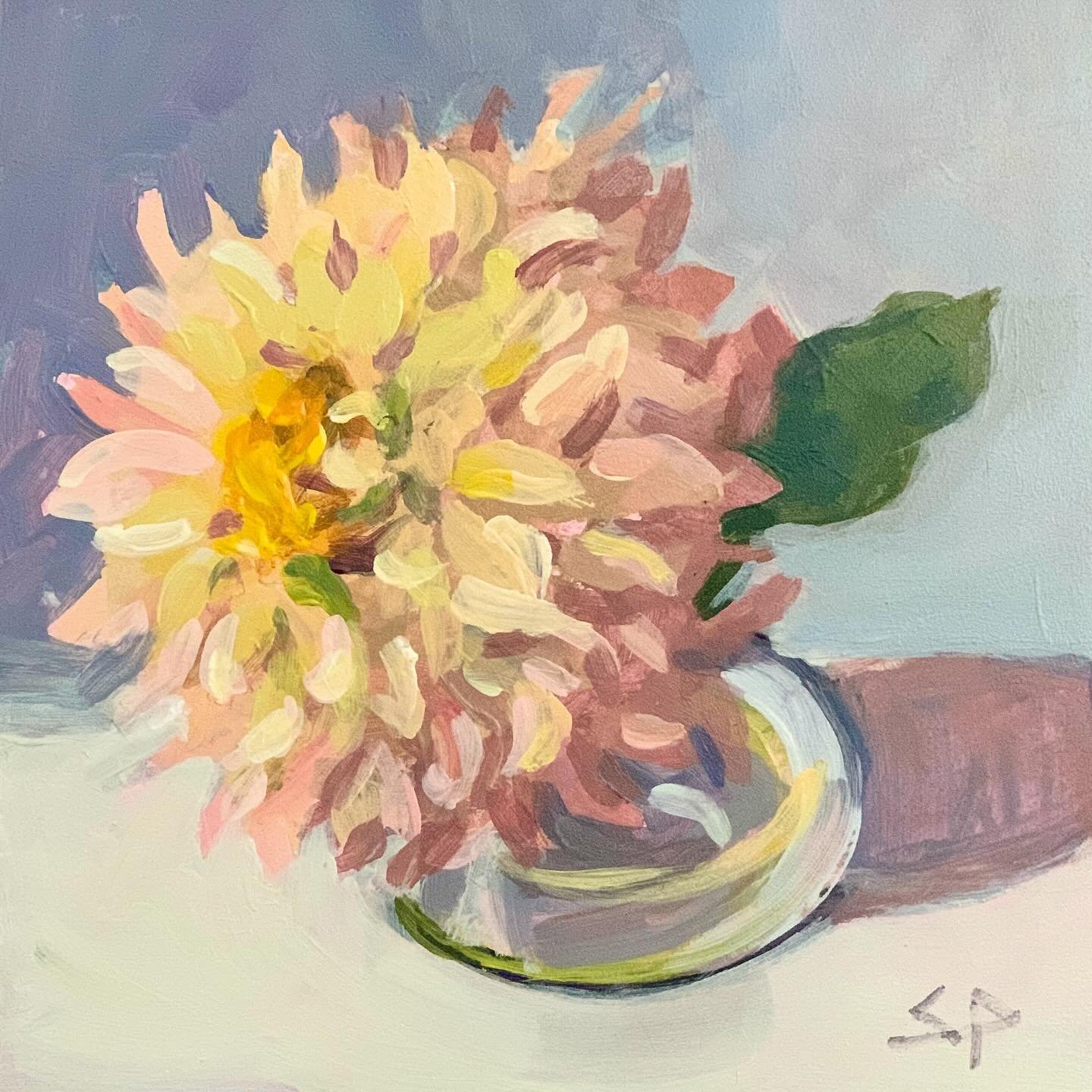 Just added another painting to my site: I picked up the prettiest dahlias last week at the farmers market and couldn&rsquo;t resist capturing one on canvas. Plus, all those petals are so fun to paint. 
Subdued, 6x6 in, acrylic