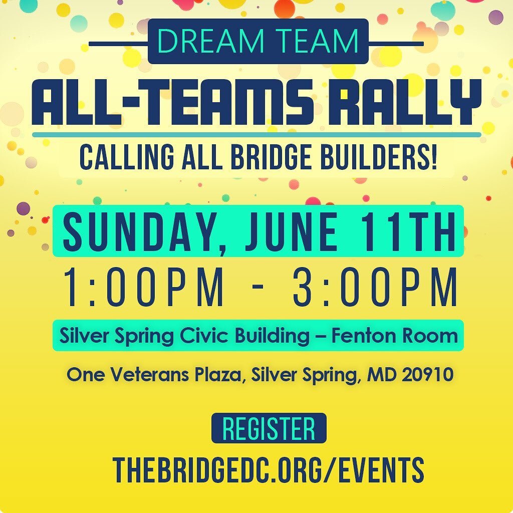 Dream Team All-Teams Rally📣
&nbsp;
Calling all service team members! We would love for you to attend an all-teams rally&nbsp;Sunday, June 11, 1:00 to 3:00pm&nbsp;at the Silver Spring Civic Building (Fenton Room). Consider this a halftime party! It&r