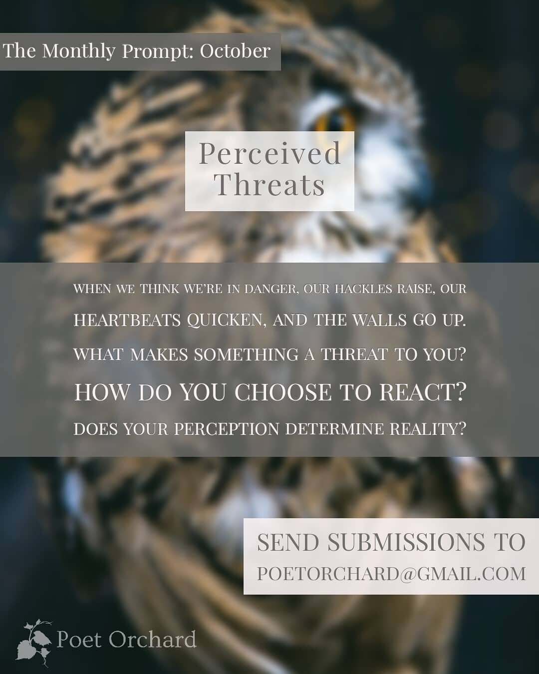 Call for submissions! October's prompt is PERCEIVED THREATS. 
🍁🔥
The leaves are changing, the election is looming, and at times it seems the sky is falling. Threats can be real or imaginary, tangible or psychological, active or passive. Received, p