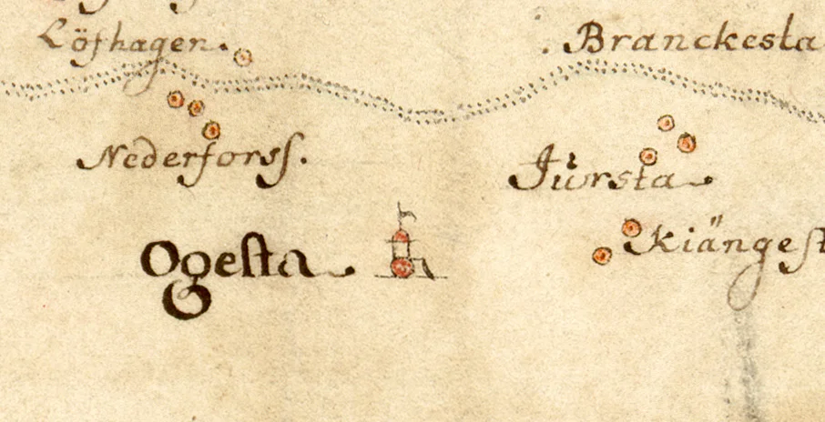 Ogesta säteri. Detalj av Carl Gripenhielms skärgårdskarta från 1690-talet.