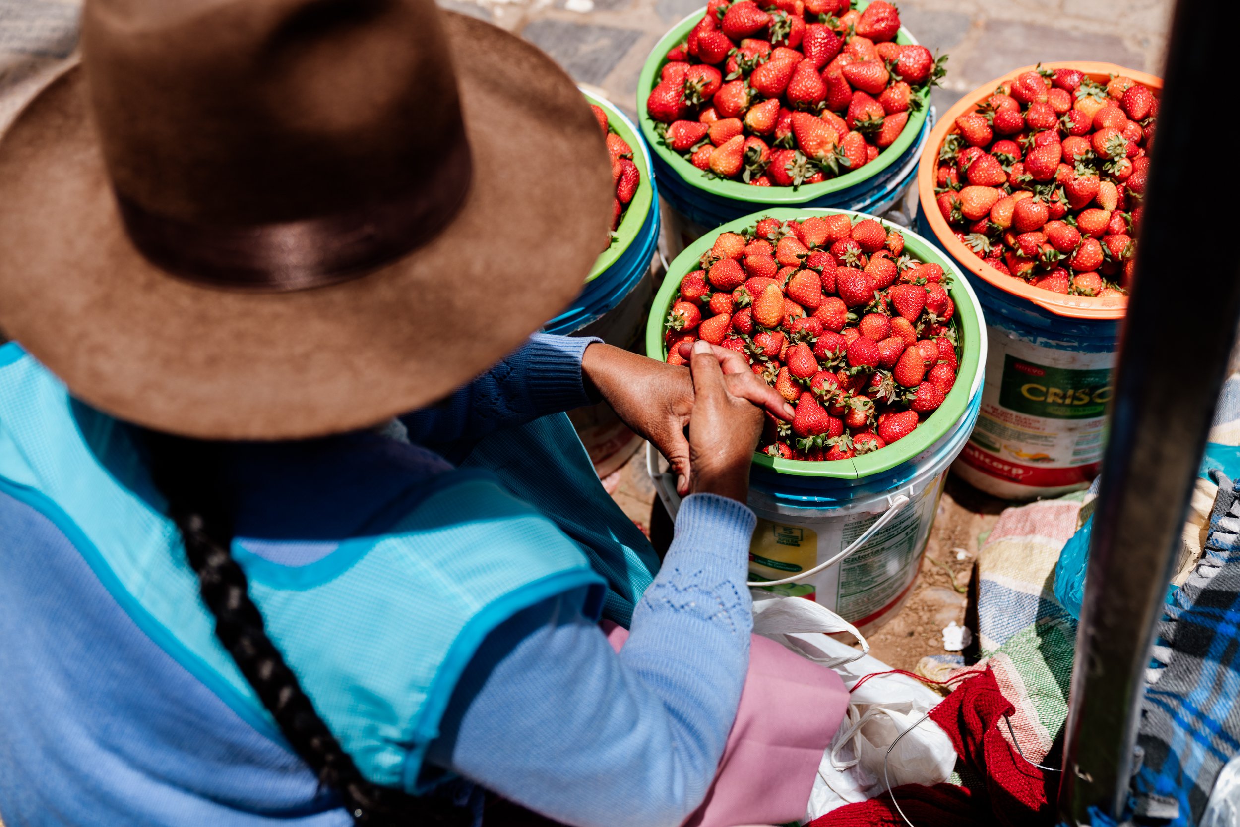 Person with braided hair and hat sitting by buckets of strawberries.