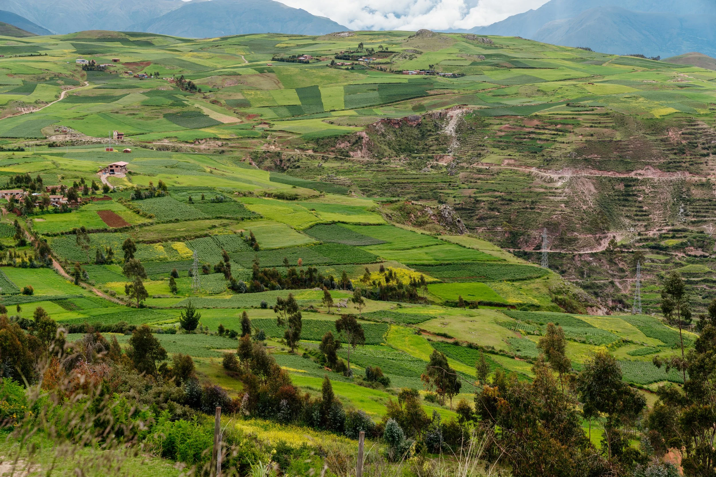 Scenic landscape with green agricultural fields and hills under a cloudy sky.
