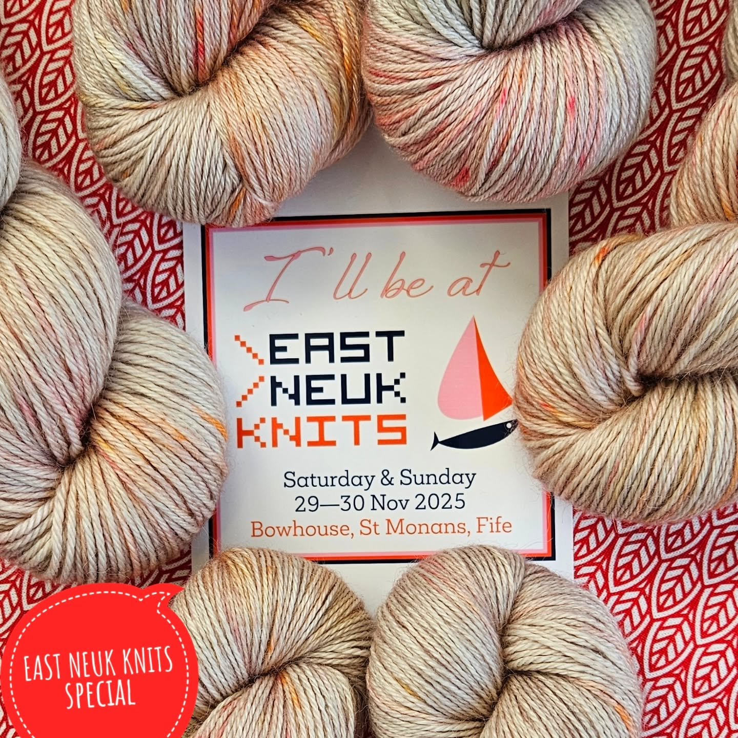 My @eastneukknits special - taking their flyers and logo as an inspiration for the choice of colours. I dyed these on my Gigha, Luing and Easdale base - I hope you like them as much as I do ❤️🩷🧡. 

Only 4 days to go...I am still twisting the remain
