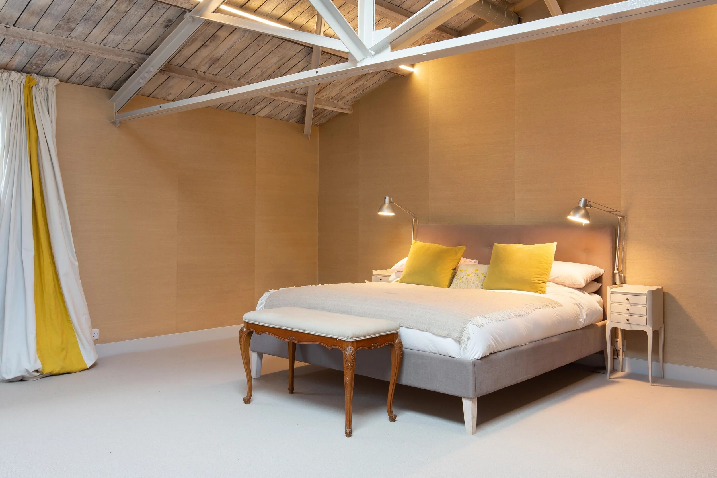 Beautiful grass wallpaper in second floor master bedroom