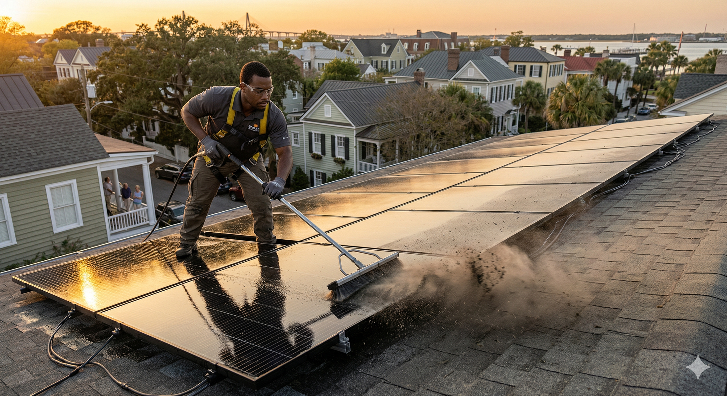 Professional high-efficiency solar panel cleaning and debris removal service by Broker Solar for a residential solar array in Charleston, South Carolina.