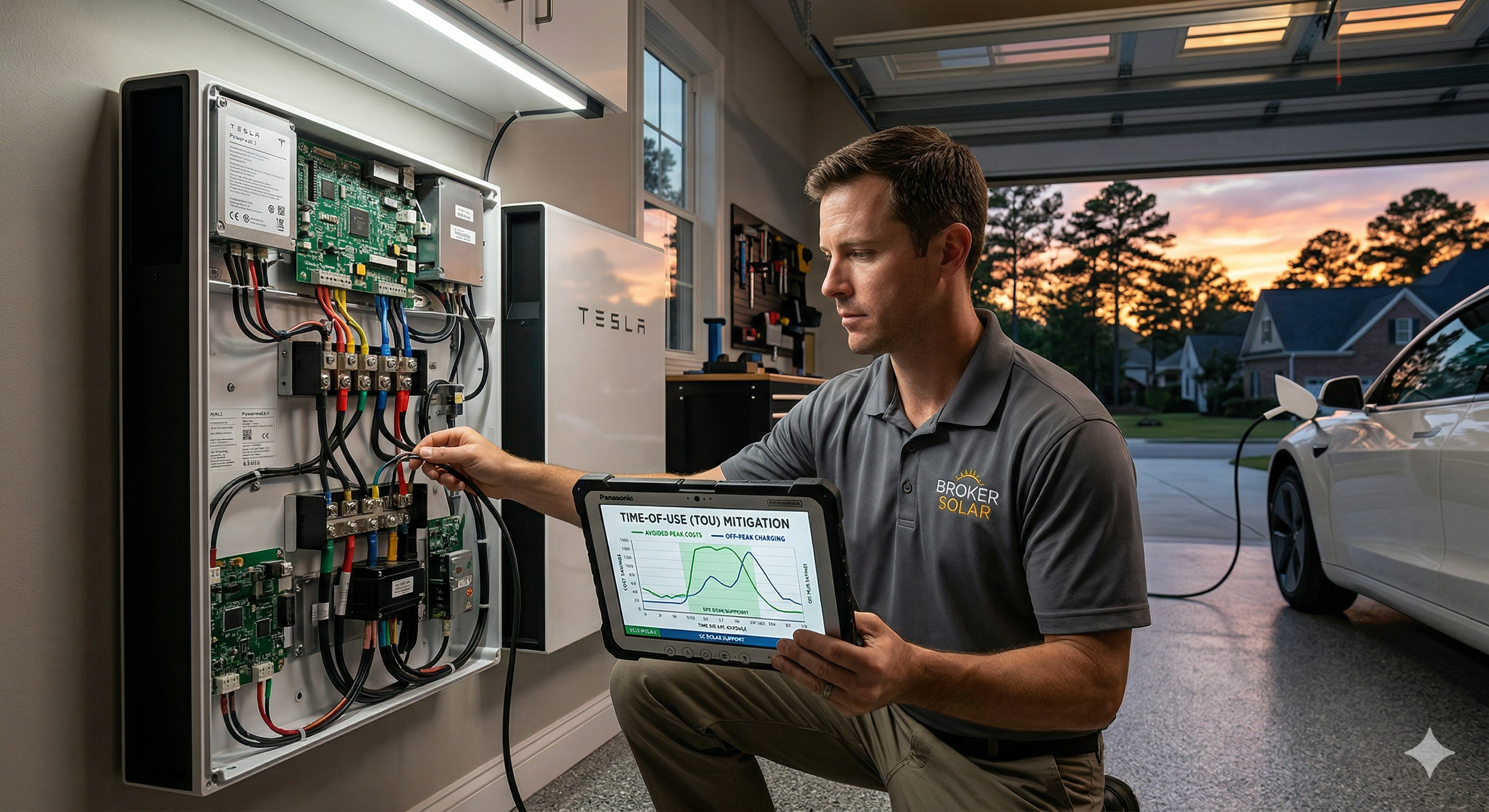 Advanced Tesla Powerwall 3 battery installation by Broker Solar in Columbia, SC, configured to bypass utility Time-of-Use (TOU) rate hikes through energy arbitrage.