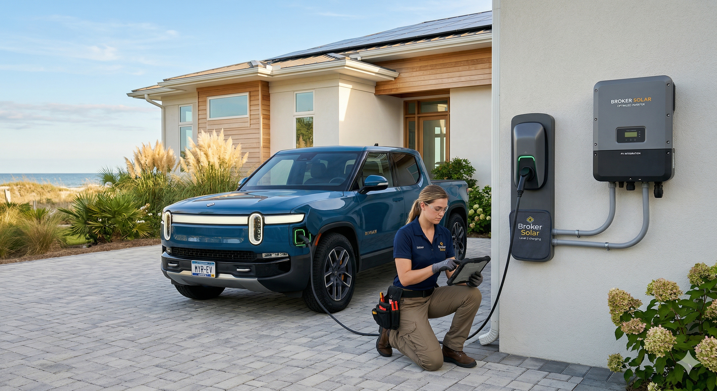 Broker Solar specialists installing a Level 2 electric vehicle (EV) charging station integrated with home solar and battery storage in Myrtle Beach, SC.