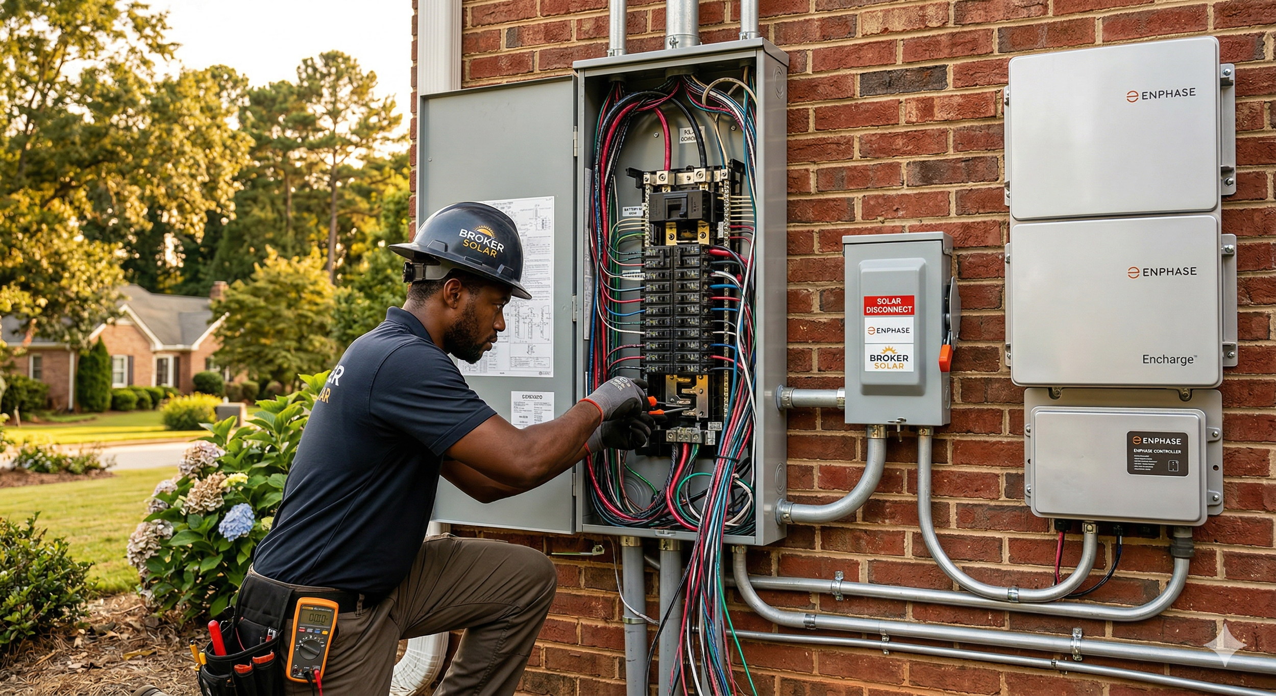 Technical integration of an Enphase 5P battery storage system by Broker Solar for a grid-independent solar retrofit and electrical upgrade in Spartanburg, SC.
