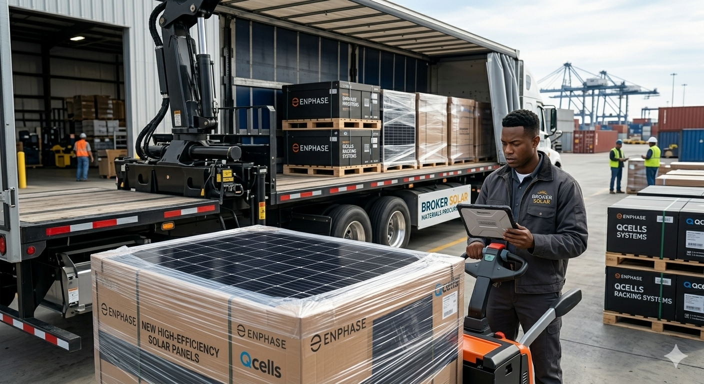 Broker Solar logistics specialist offloading a wholesale shipment of new solar panels from an industrial flatbed truck for a commercial procurement project in Charleston, SC.